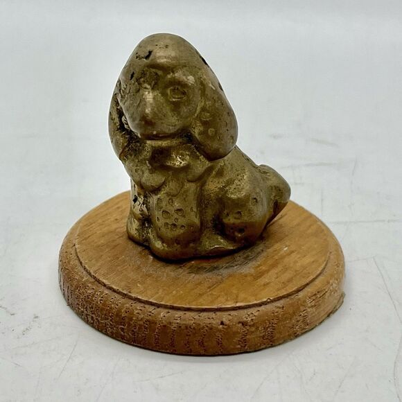 Vintage Brass Spaniel Dog Figurine 2” On Wood Base - Picture 1 of 5
